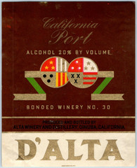 1930s-40s California Port Wine D&rsquo;Alta 20% by Volume Wine Bottle Label #DI
