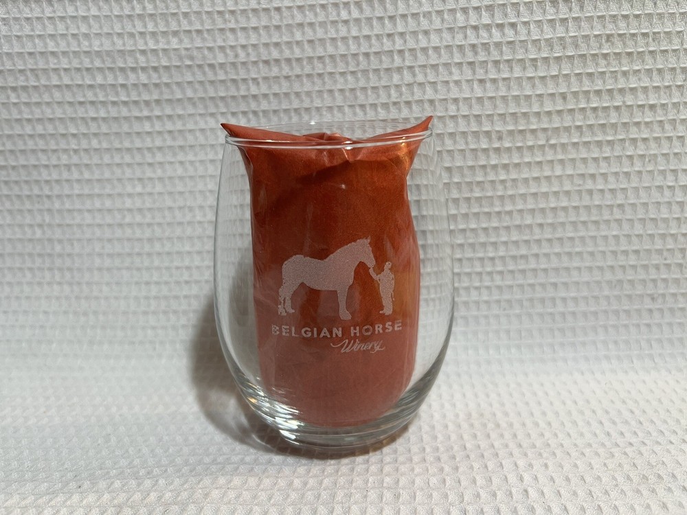 “BELGIAN HORSE WINERY”-Middletown, IN.-Clear Glass/Frosted Logo-Wine Glass