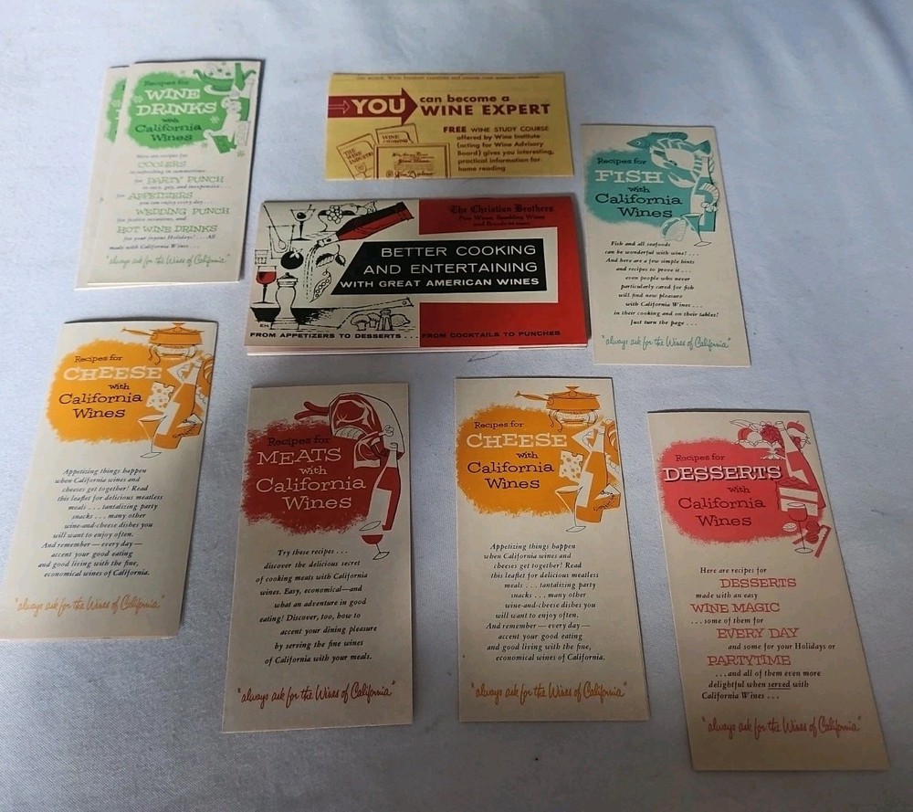 Vintage Lot Of 8 Brochures/Recipe Booklets For California Wines USA