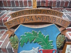 VINTAGE BODENHEIM A/RHEIN GERMANY, LARGE HEAVILY CARVED WOOD CITY SEAL SIGN.