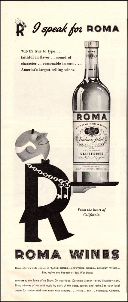 1944 WW2 beverage AD ROMA California Wines Sauternes 053023