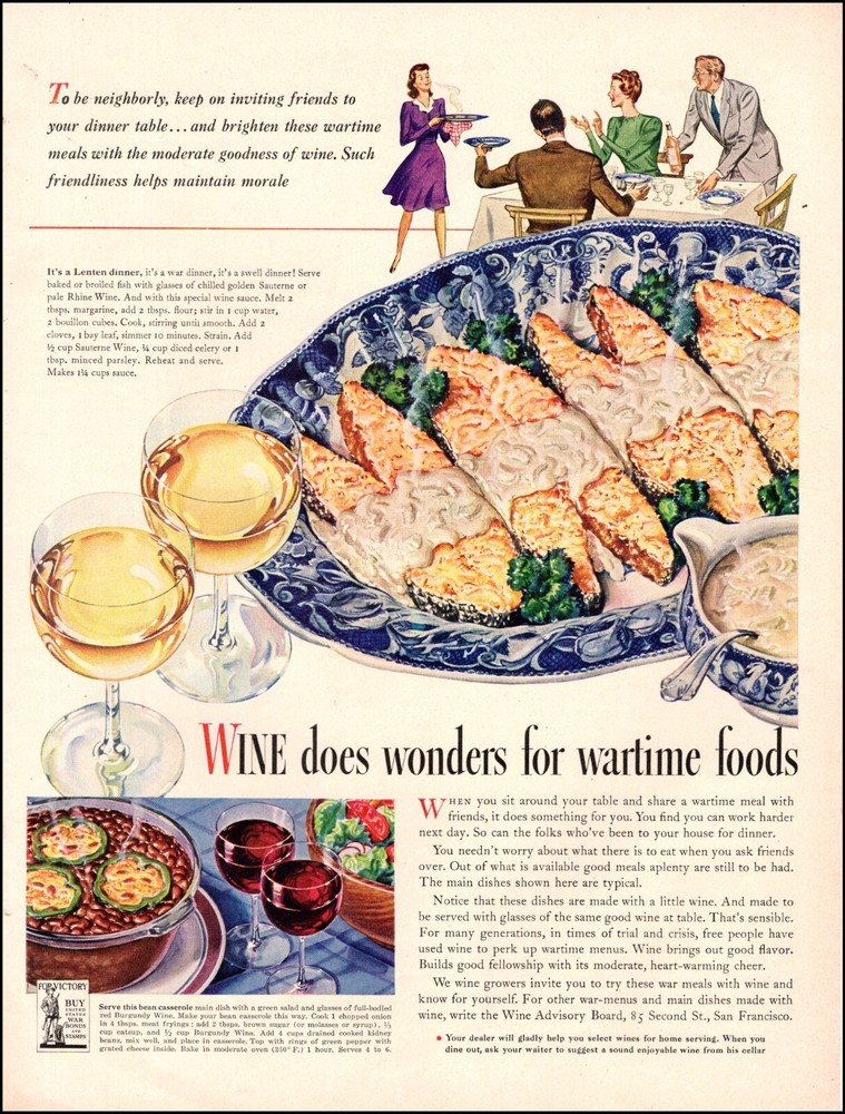 1944 WW2 era AD WINE Does Wonders for Wartime Foods Lenten Dinner Recipe 061924