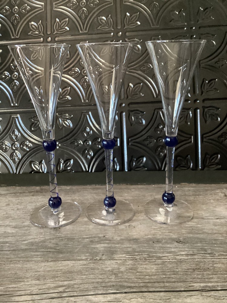 Martini & Rossi Asti 2000 Millennium Champagne Flutes Blue Design 9.5&Prime; Set of 3