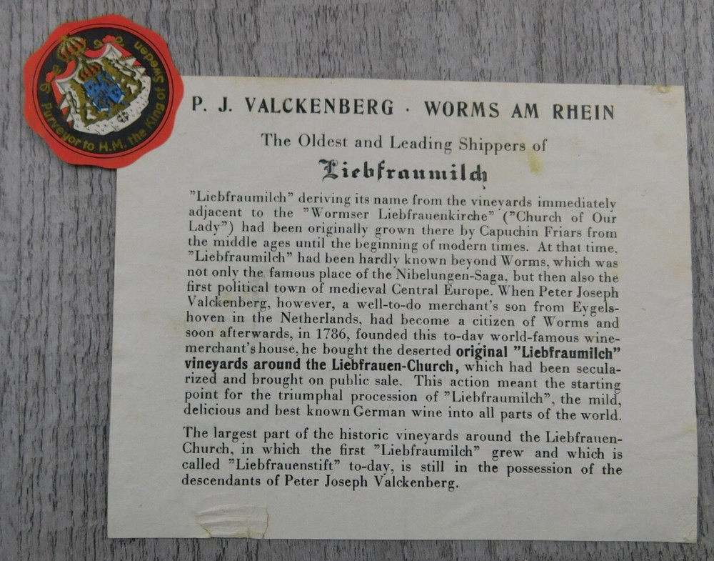 P.J. Valckenberg Worms Am Rhein Liebfraumilch Germany Vintage Wine Label Winery
