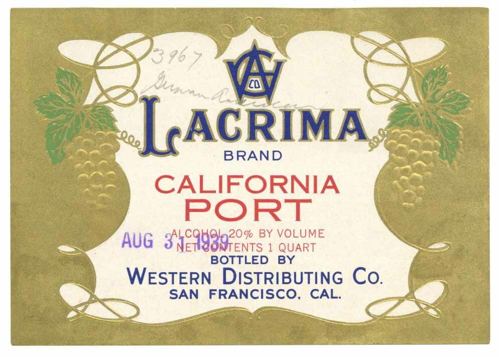 Lacrima Brand California Port, 1930s Wine Label 254
