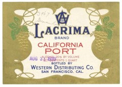 Lacrima Brand California Port, 1930s Wine Label 254