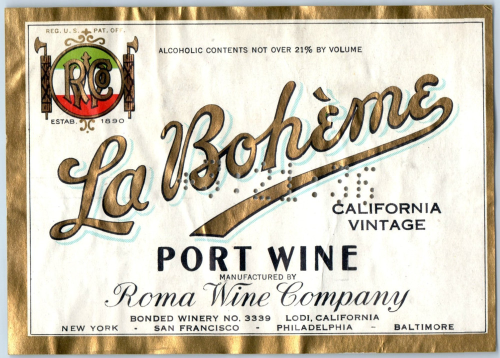 1920s-30s La Boheme California Port Wine Roma Label WL3