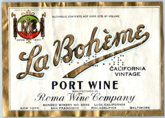 1920s-30s La Boheme California Port Wine Roma Label WL3