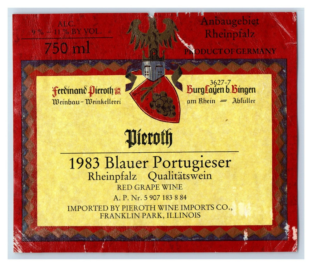 1970&rsquo;s-80&rsquo;s Peiroth Blauer Portugieser German Wine Label Original S24E