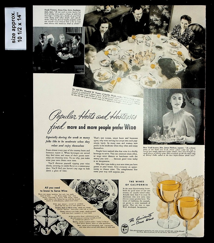 1941 Wine Advisory Board California Dinner Party Hosts Vintage Print Ad 35793