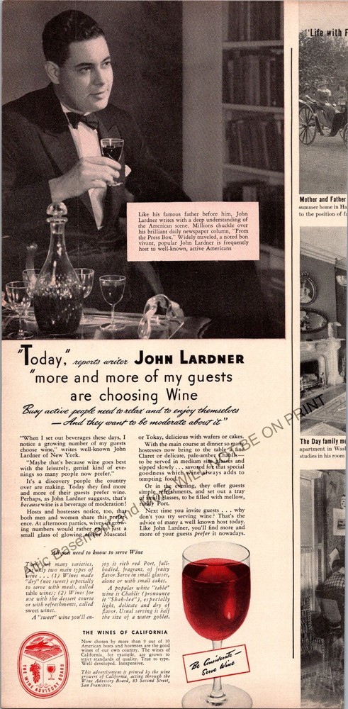 California Wines Advisory Print Ad 1940 Ephemera Wall Art Decor John Lardner