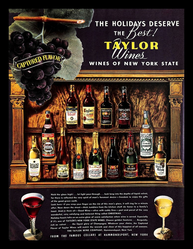 1946 Taylor Wines Of New York State Vintage PRINT AD Grapes Christmas Holiday