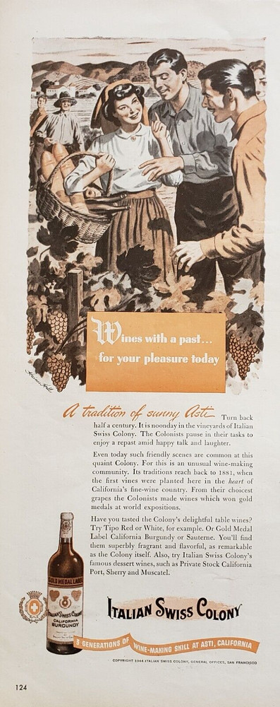 1944 Print Ad Italian Swiss Colony California Burgundy Wine Vineyards WWII