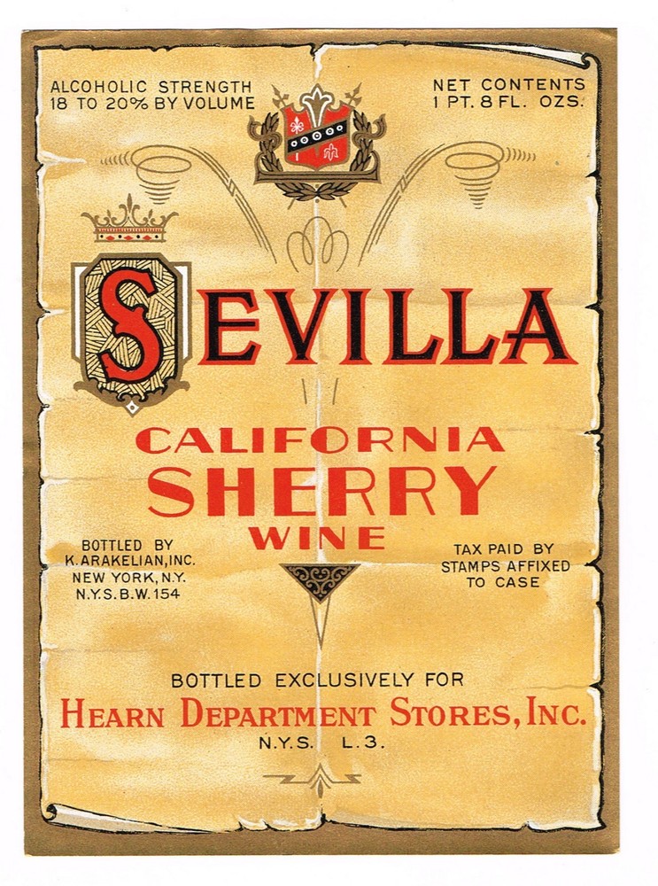 C1930S SEVILLA WINE BOTTLE LABEL VINTAGE ORIGINAL CALIFORNIA HEARN NY SHERRY