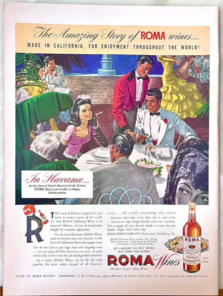 1944 magazine ad for Roma Wines – Wine time at Hotel Nacional de Cuba, Havana