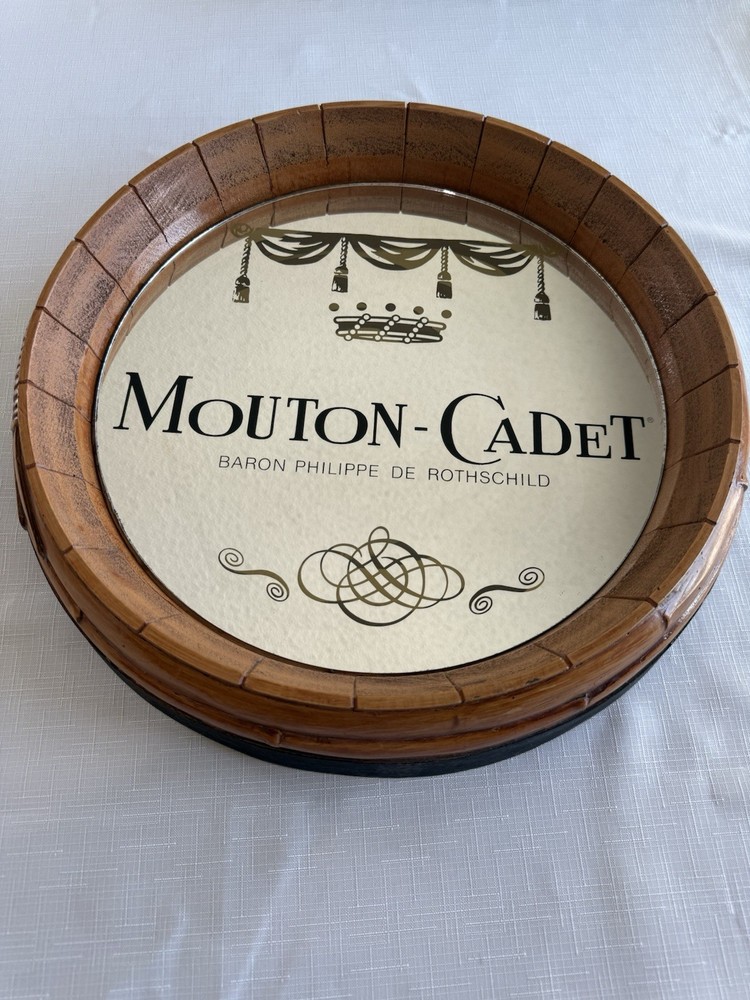 1982 Mouton-Cadet Baron Philippe De Rothschild Mirrored Barrel Bar Sign 16”