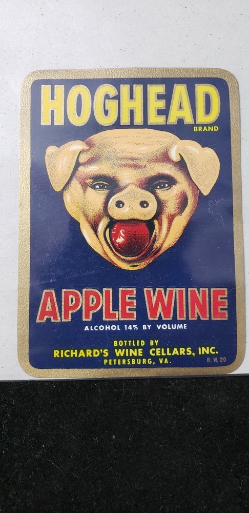 Hoghead Brand Apple Wine Label 3&Prime;x4&Prime; Richard&rsquo;s Wine Cellar Petersburg, VA. @10A
