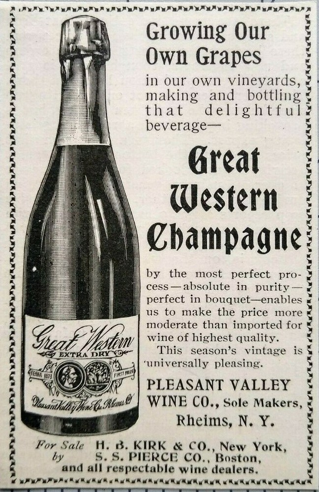 Rheims New York Vintage Print Ad Pleasant Valley Wine Champagne Bottle Art 1900