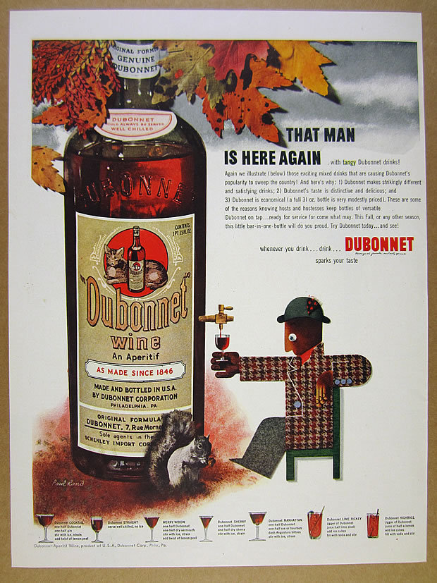 1942 Paul Rand fall leaves bottle man design art Dubonnet Wine vintage print Ad