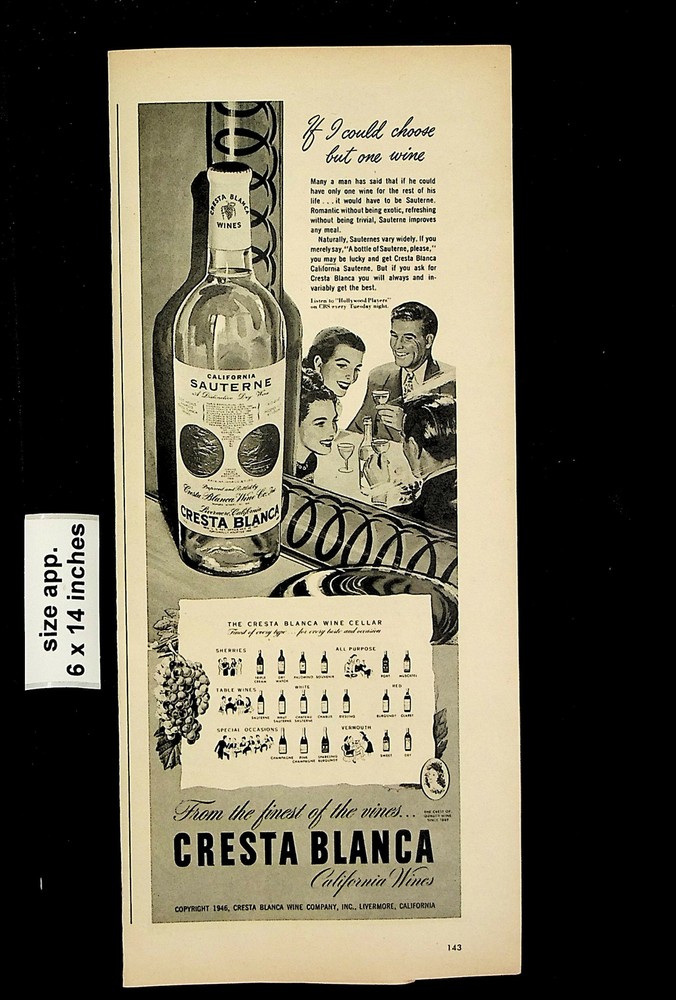 1946 Cresta Blanca California Wines Glass Cellar Vintage Print Ad 23993