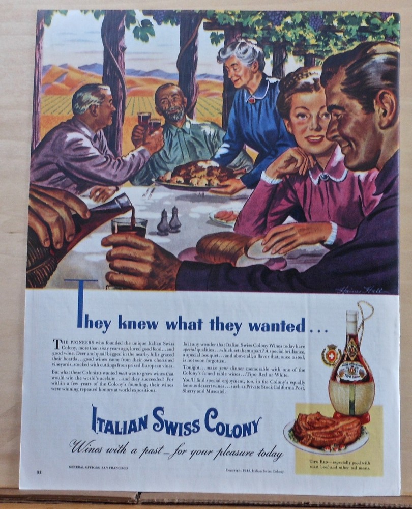 1945 magazine ad for Italian Swiss Colony Wine – Tipo Red, table at vineyard