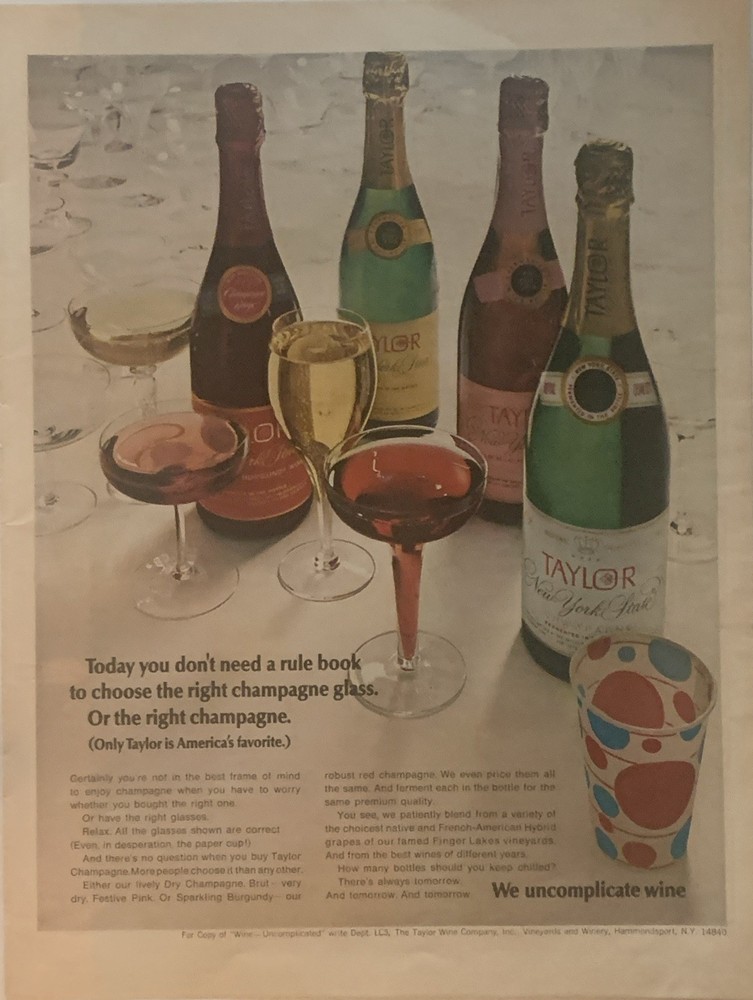1968 Taylor Champagne PRINT AD New York State – We Uncomplicate Wine VTG 1960s