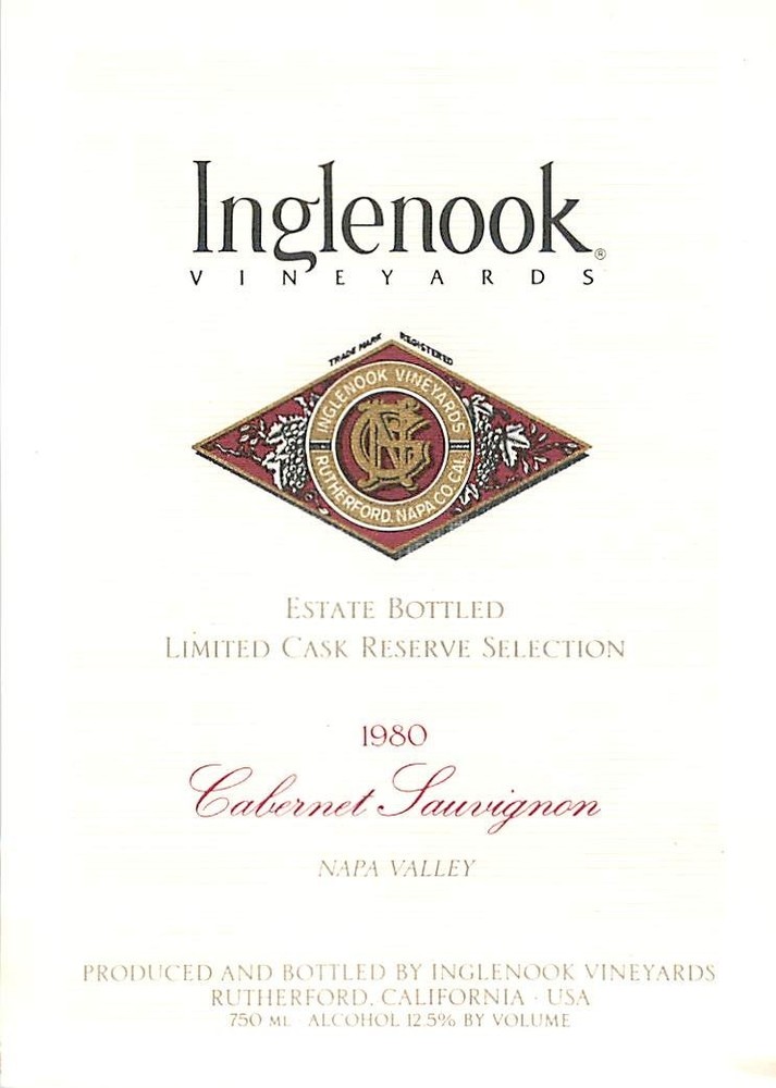 Inglenook Cabernet Sauvignon Estate Limited Napa Valley CA 1980 Vtg Wine Label