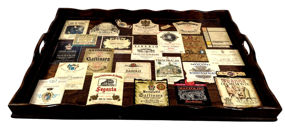 Rare & Unique VTG 70&rsquo;s 1975 Large 29&Prime; Wooden Serving Tray Platter Wine Labels