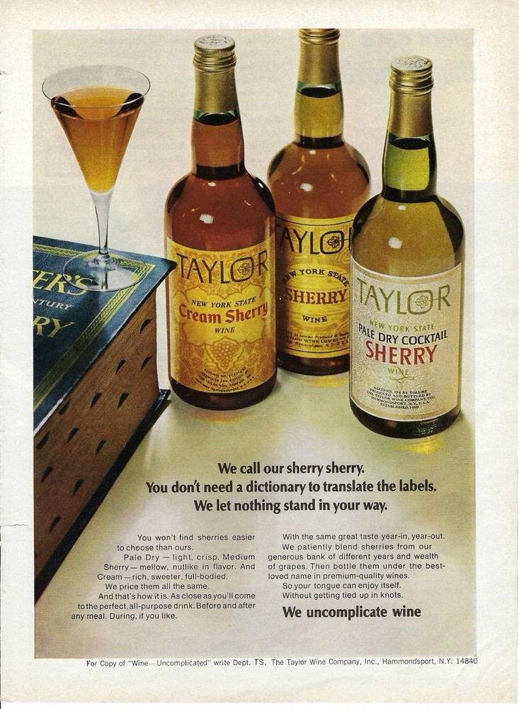 1968 Taylor Wine New York State Sherry Cream Pale Dry Vintage Print Ad/Poster
