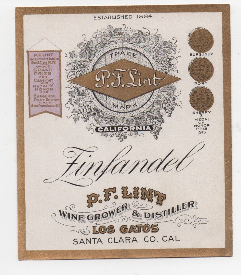 1915 Zinfandel Wine Label from P.F. Lint Los Gatos Santa Clara County CA