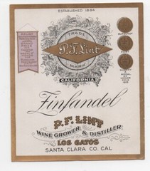 1915 Zinfandel Wine Label from P.F. Lint Los Gatos Santa Clara County CA
