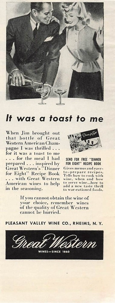 Great Western Wines Ad Vintage 1940s Mid Century Bar Wall Art Rheims NY 1943