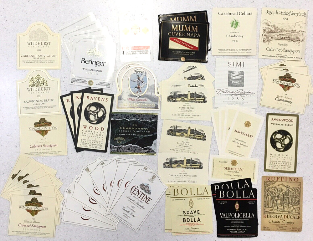 Vintage 80&rsquo;s 90&rsquo;s Wine 56 Labels Lot Red White Scrapbooking Crafting Unused