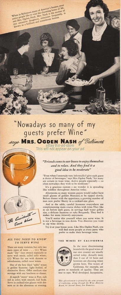 1939 Wine Advisory Board San Francisco California Mrs Ogden Nash Baltimore MD Ad