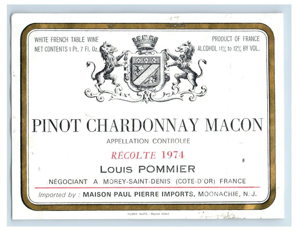 1974 Pinot Chardonnay Macon Controlee French Wine Label S98E