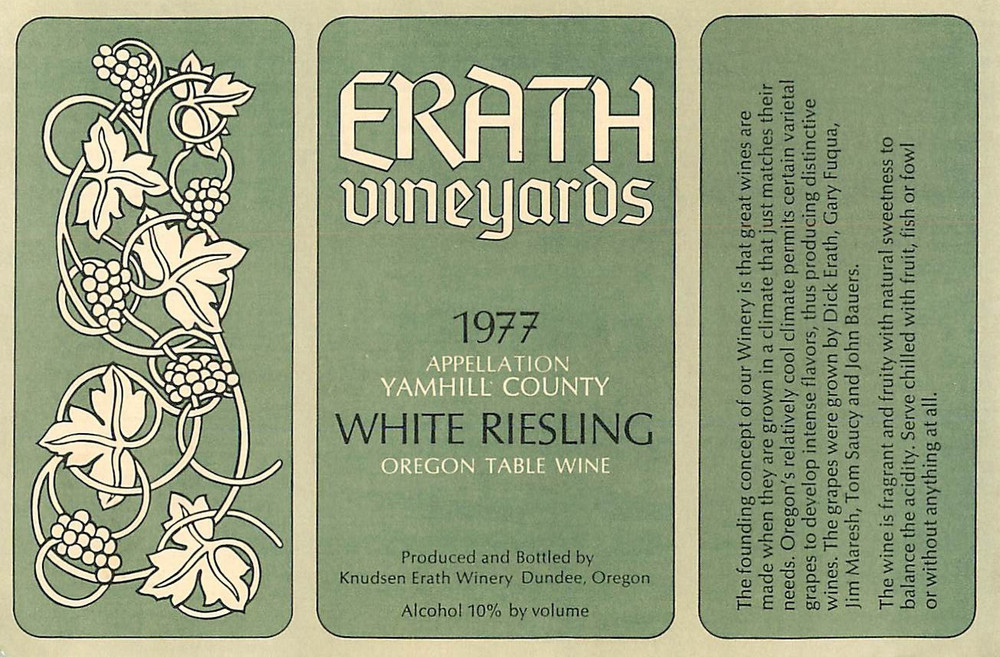 Erath Vineyards White Riesling Yamhill Dundee Oregon 1977 1970s Vtg Wine Label