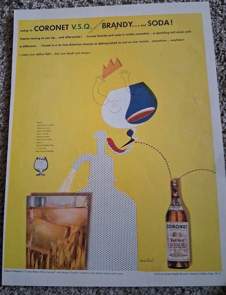 1943 PRINT AD CORONET VSO BRANDY WWII Ad Mentions Buy War Bonds
