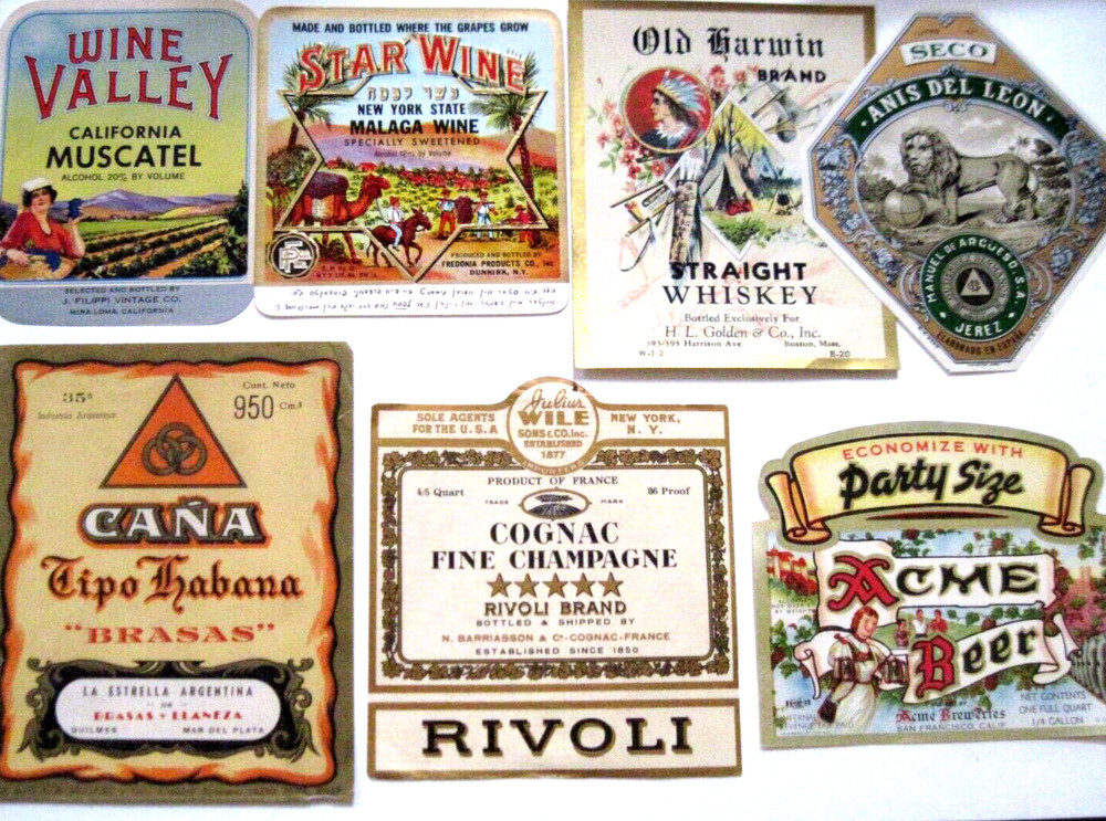 Set of (28) 1920&rsquo;s-30&rsquo;s Wine & Beer Labels – Some are Metallic and Shiny. *