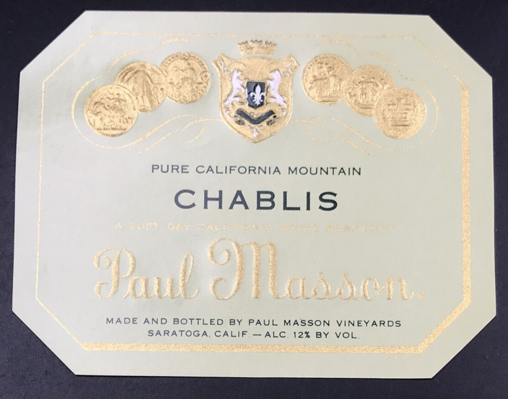 VTG Original Paul Masson California Mountain Chablis White Burgundy Wine Label