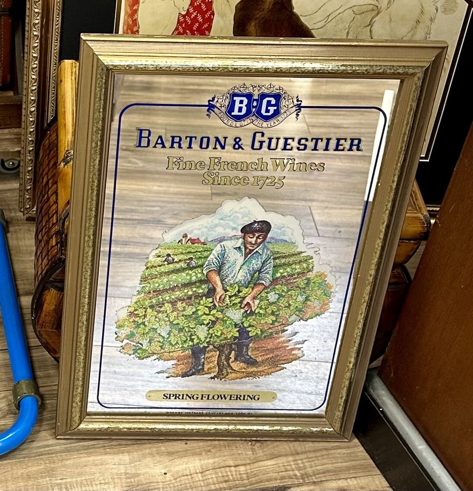 B & G BARTON & GUESTIER WOOD FRAMED BAR MIRROR FRENCH WINES « SPRING FLOWERING »