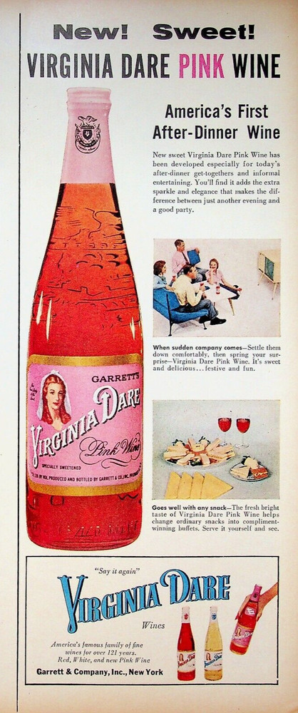 1956 Garrett&rsquo;s Virginia Dare Pink Wine Print Ad America&rsquo;s After Dinner Wine