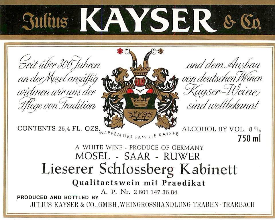 Kayser Lieserer Schlossberg Kabinett White Mosel 1970s 1980s Vintage Wine Label