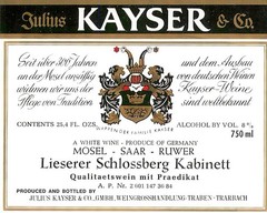 Kayser Lieserer Schlossberg Kabinett White Mosel 1970s 1980s Vintage Wine Label