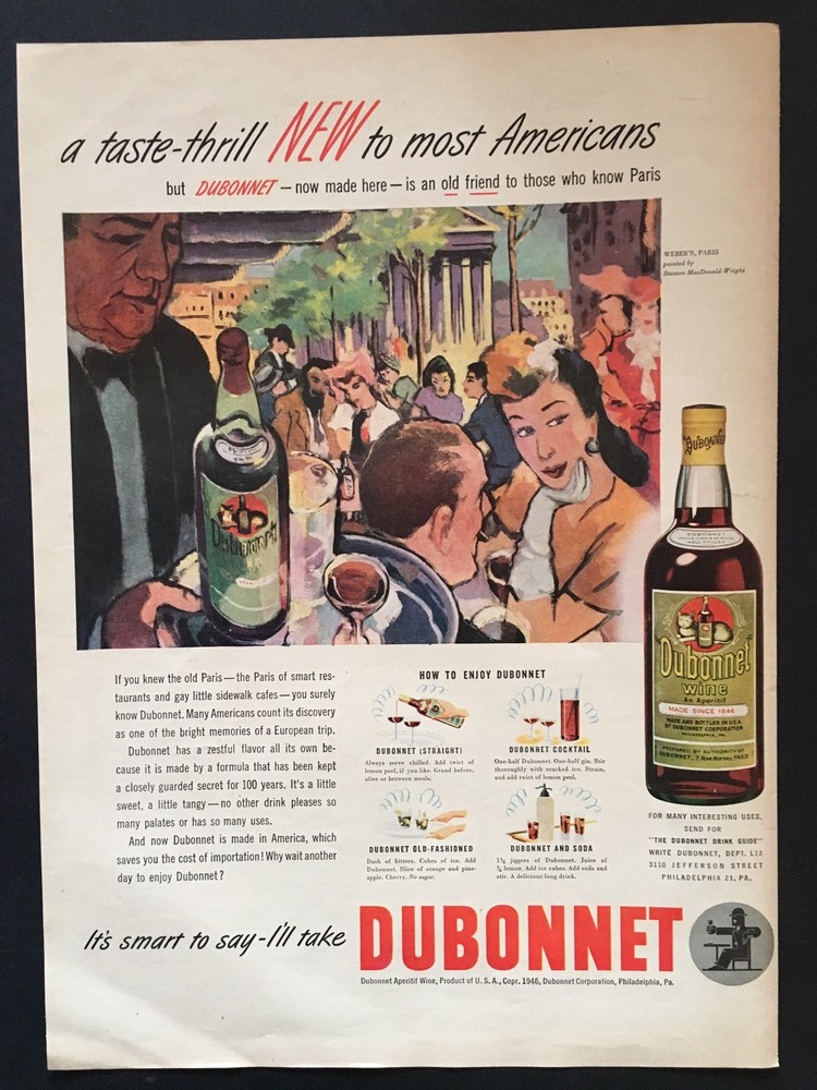 1946 Dubonnet wine Weber&rsquo;s restaurant Paris art vintage print ad A taste thrill
