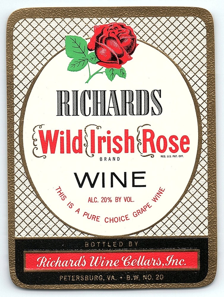 VINTAGE RICHARDS WILD IRISH ROSE WINE PETERSBURG VA UNUSED LABEL Z6987