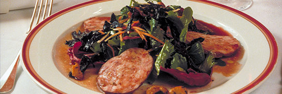 Salade de sabodet au Régnié et champignons des bois
